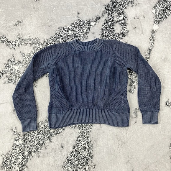 Faherty Sweaters - Faherty Blue Ribbed Knit Sweater Womens Medium Raglan Sleeve Crewneck Pullover